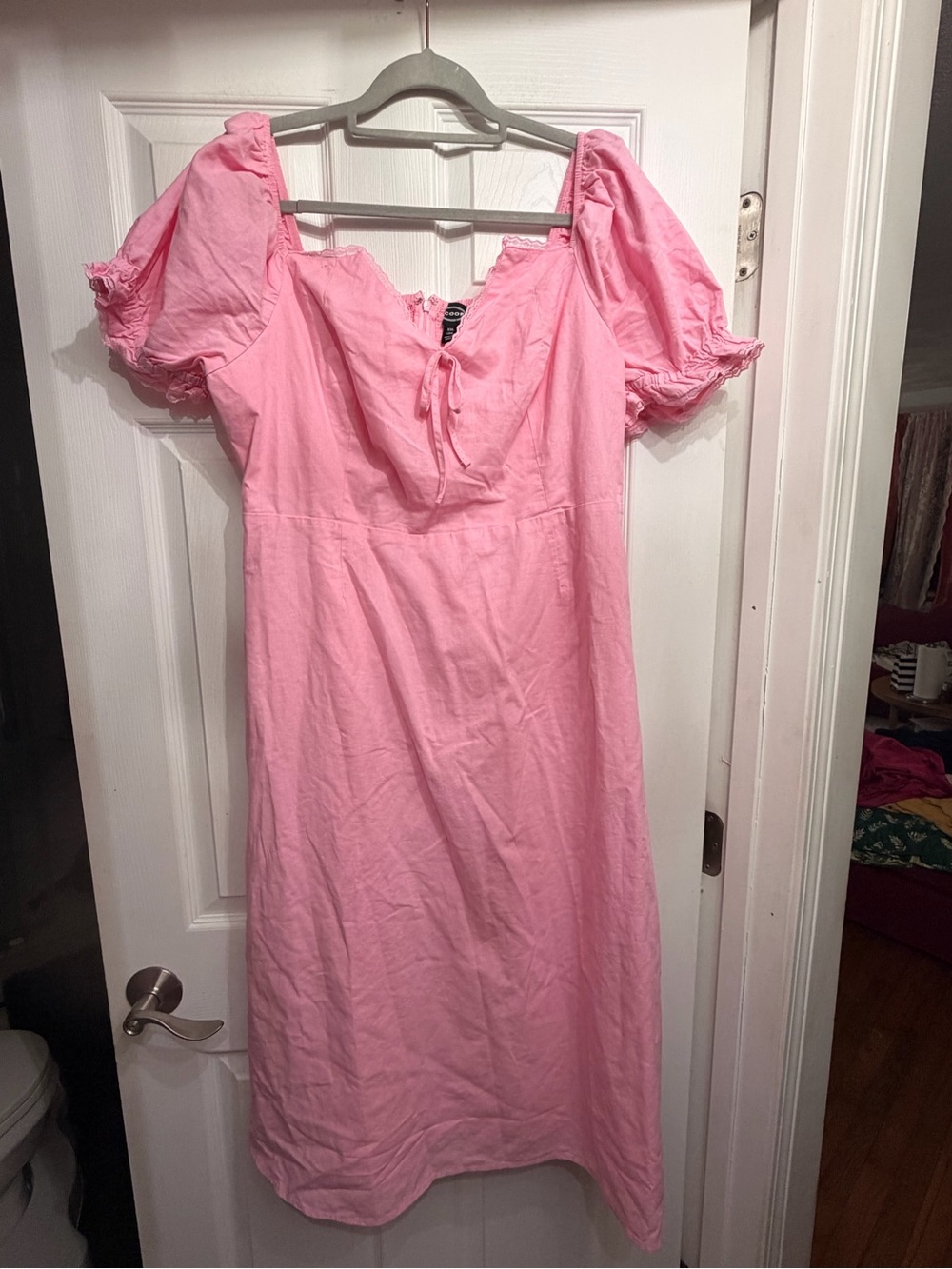Linen/cotton Pink Puff-Sleeve Midi Dress